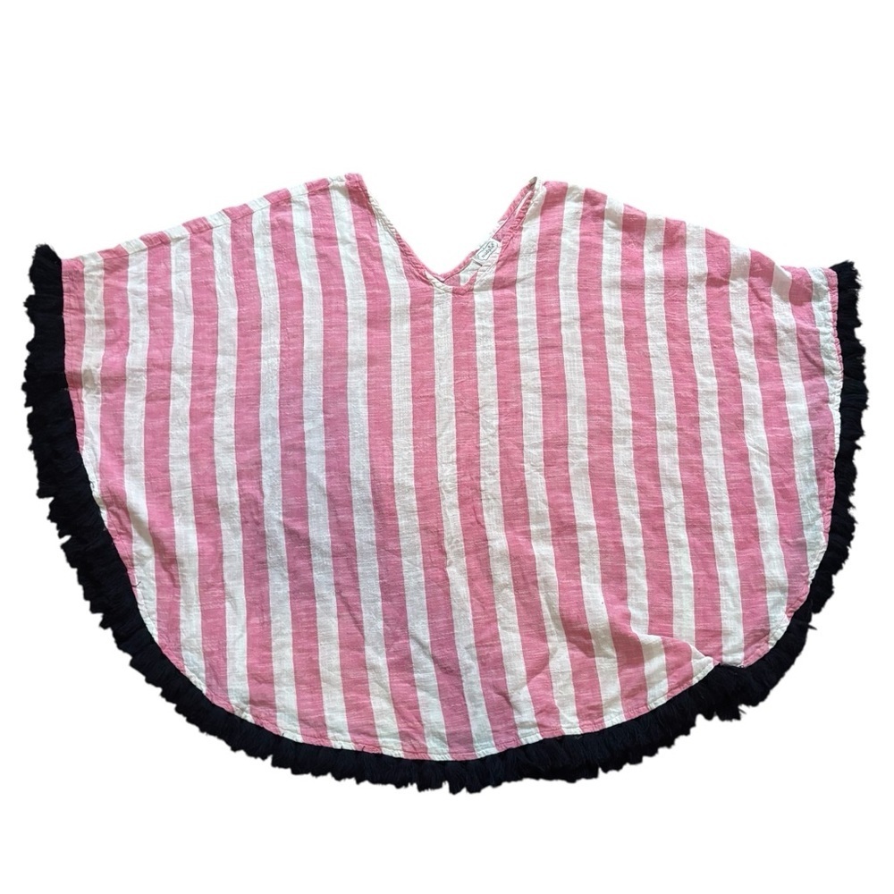 Mud Pie Coverup Pink White Striped Black Fringe Beach Swim Poncho Cotton - Picture 10 of 16